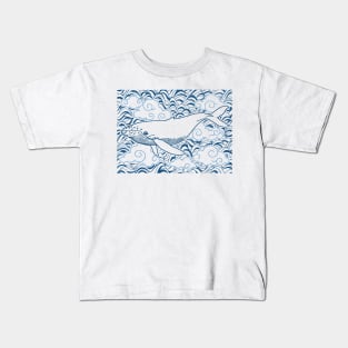 Magical Flying Whale Blue Clouds Blue Sky Dark Kids T-Shirt